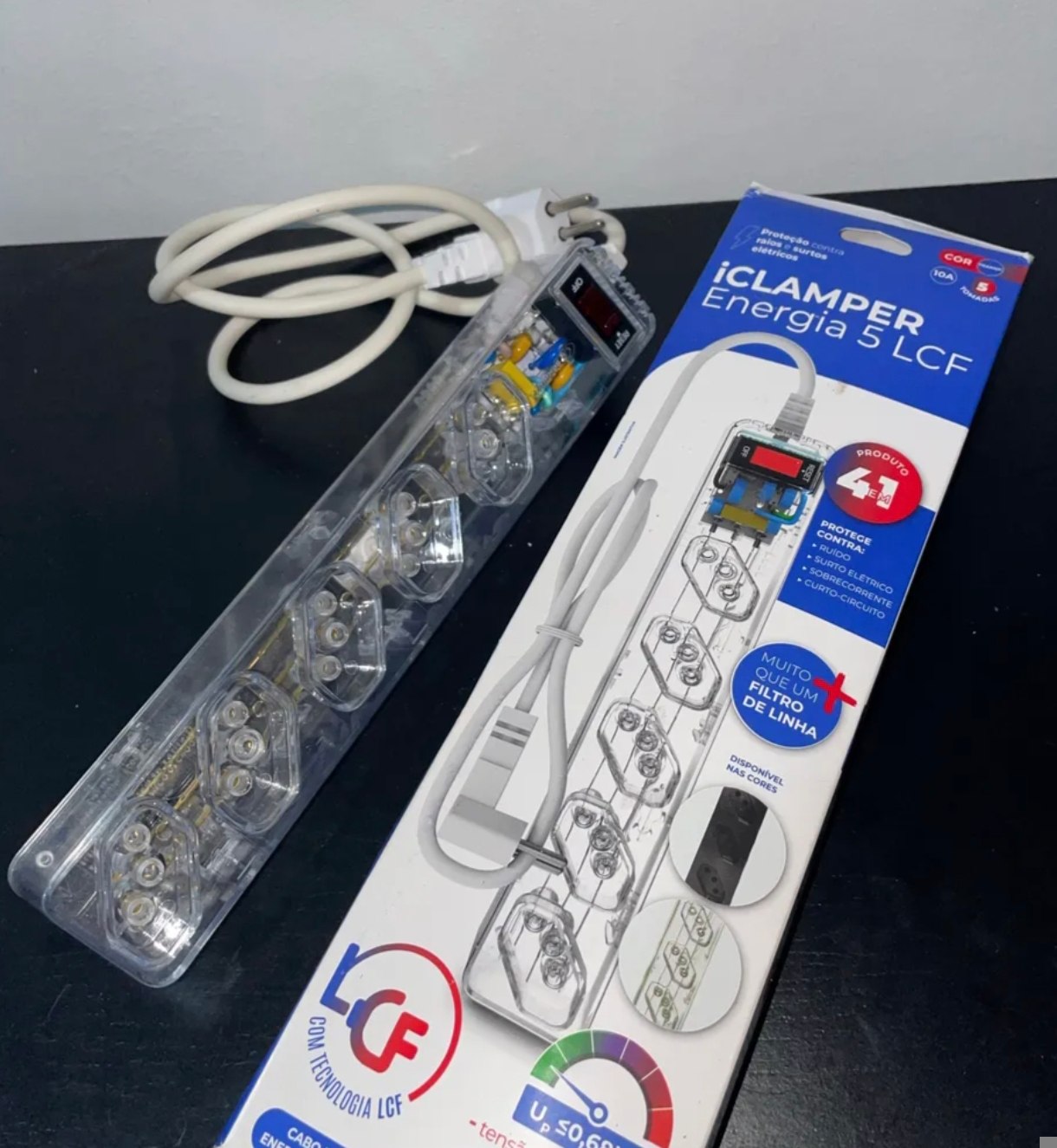 Filtro de Linha CLAMPER iCLAMPER Energia 5, 5 Tomadas, Proteção Contra Surtos Elétricos, 10A, Bivolt, Cabo 1m, Transparente