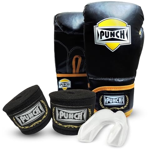PUNCH Kit Luva Boxe, Muay Thai 14 oz + Bandagem Elástica Preta de 2,5 mts + Protetor Bucal Simples Transparente