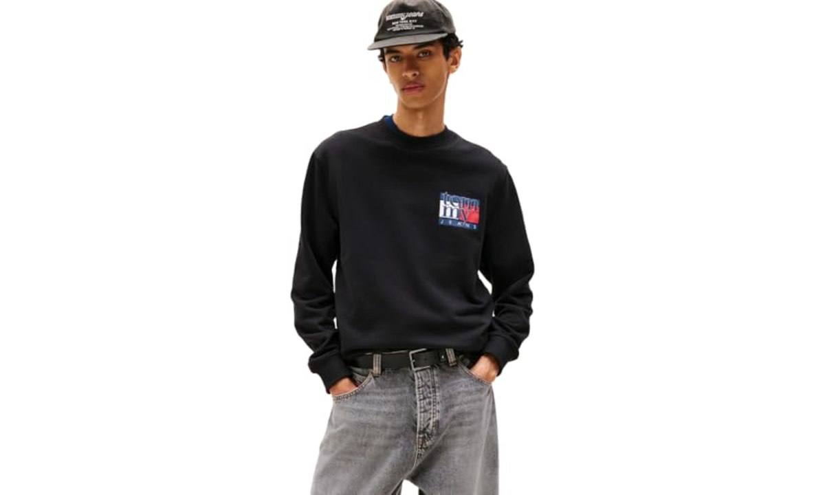 Tommy Jeans Moletom masculino de gola redonda, Preto, GG