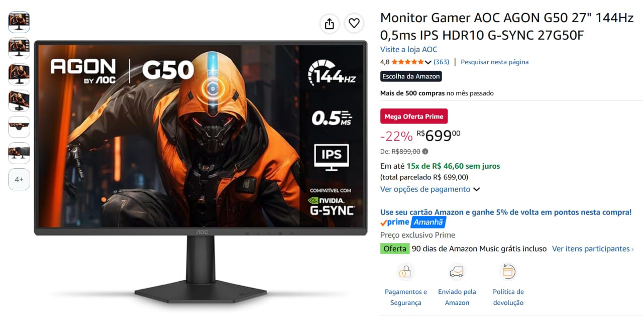 Monitor Gamer AOC AGON G50 27" 144Hz 0,5ms IPS HDR10 G-SYNC