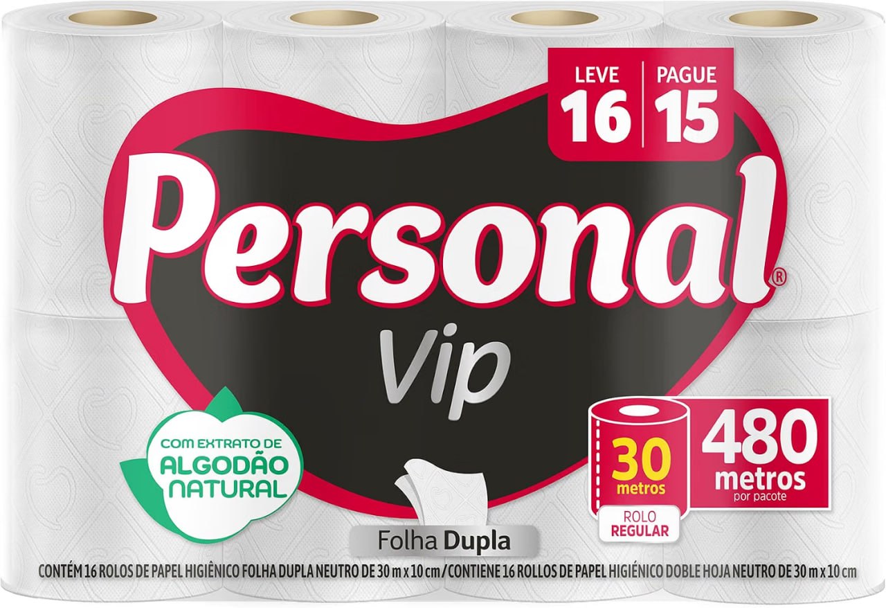 10x Personal Papel Higiênico Vip Folha Dupla, 16 Unidades Branco (Embalagem Pode Variar)