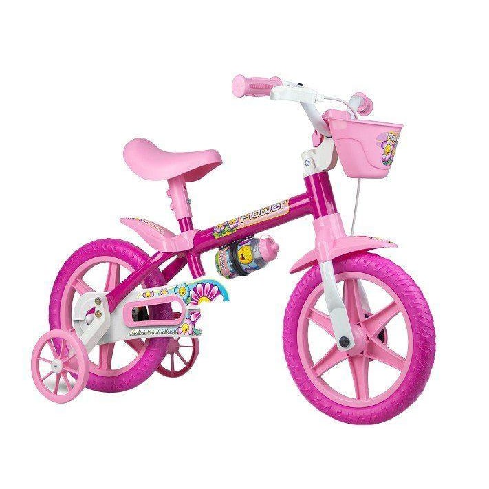 Bicicleta Infantil Nathor Flower Aro 12 Rosa com Rodinhas Menina 3 a 5 Anos