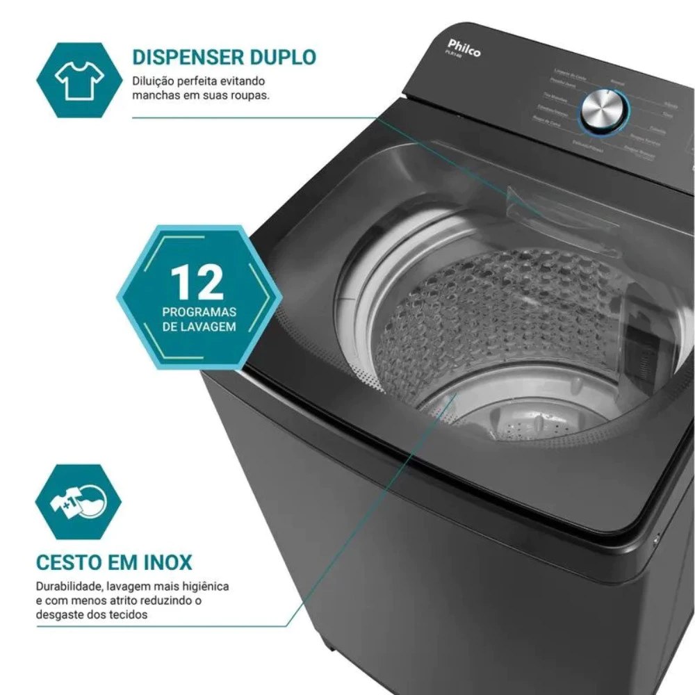 Máquina de Lavar Philco 14 Kg Preto Plr14b 12 Programas Cesto de Inox Tampa de Vidro - 220V