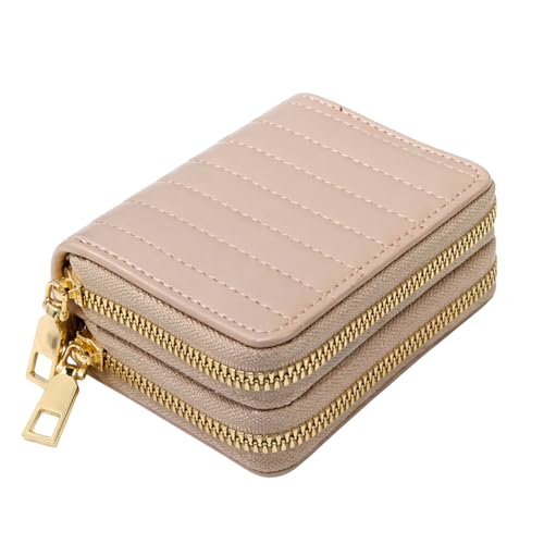 Carteira Feminina Couro sintético Compacta Casual Duplo Ziper Porta Cartão E Moedas (Caqui)