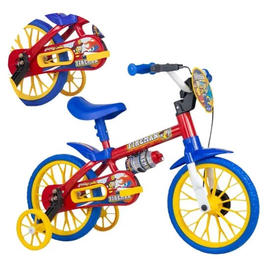 Bicicleta Infantil Aro 12 Nathor Fireman Bombeiro Vermelho Menino 1 a 4 Anos